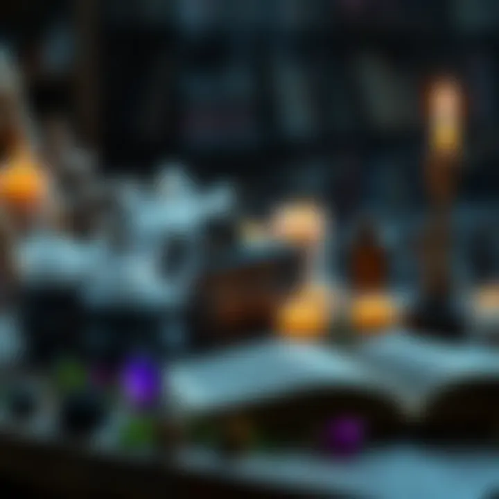 A collection of black magic books with crystals, herbs, and candles on a table, highlighting modern spellcasting practices.