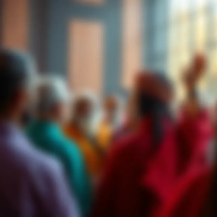 A group of contemporary spiritual leaders engaging with an audience, with one figure prominently addressing the crowd, embodying a modern guru vibe.