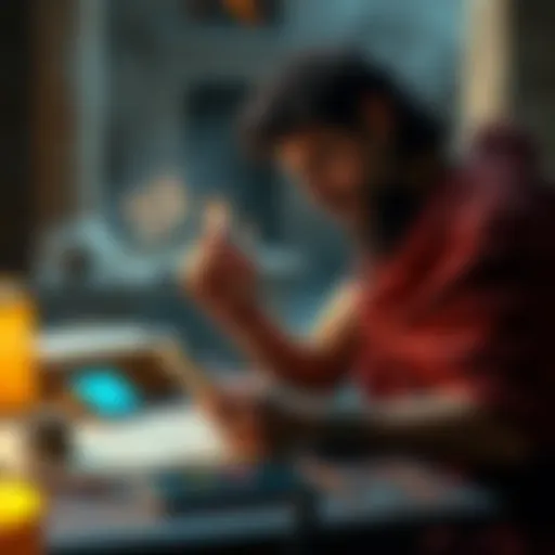 A person dressed in a Roman toga looks at ancient scrolls with modern gadgets on a table, symbolizing the clash of knowledge between eras.