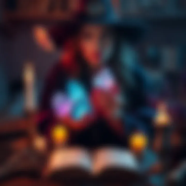 A modern witch holding crystals and candles, surrounded by books and herbs, illustrating contemporary magical practices.
