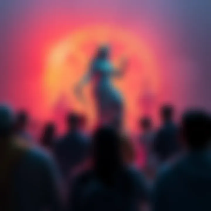 Modern Worship of Gods People participating in a modern spiritual gathering, with symbols representing Aphrodite and Apollon in the background.