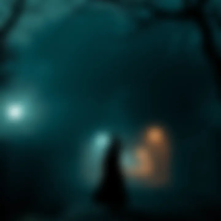 A silhouette of a witch with a pointed hat standing in a dark alley, surrounded by mist and trees, evoking a haunting atmosphere in Modesto.