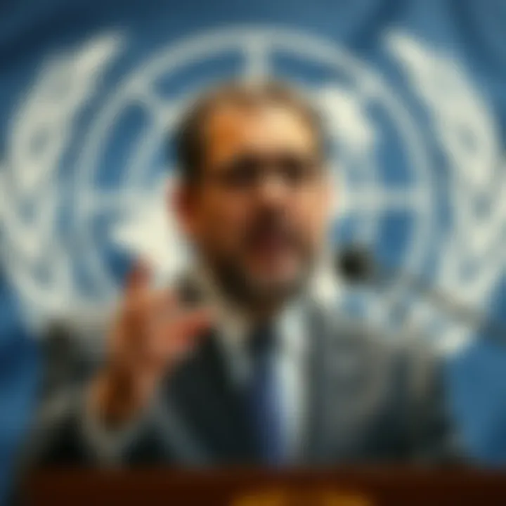 Mohamad Safa Resigns from UN Mohamad Safa giving a speech about his resignation from the United Nations, with a backdrop of the UN emblem, raising concerns over nuclear threats.