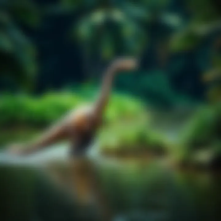 A large, dinosaur-like creature with a long neck and tail standing in a lush green riverbank of the Congo Basin.