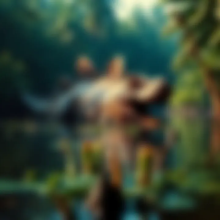 Mokele Mbembe in the Congo River A large, dinosaur-like creature partially submerged in the Congo River, surrounded by lush jungle vegetation.