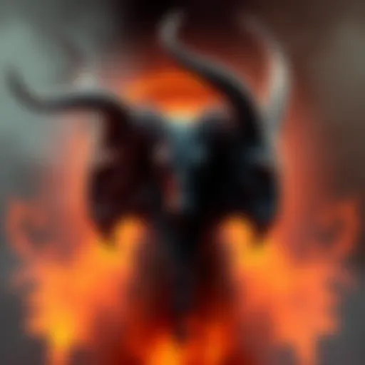 An artistic representation showing the evolution from Molech, depicted as a bull-headed figure, to Baphomet, a horned figure blending human and goat features, symbolizing ancient worship and modern be...