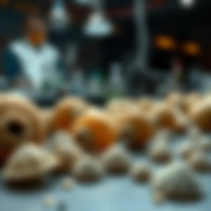 A close-up view of mollusk shells with a scientific setup in the background, illustrating the process of radiocarbon dating