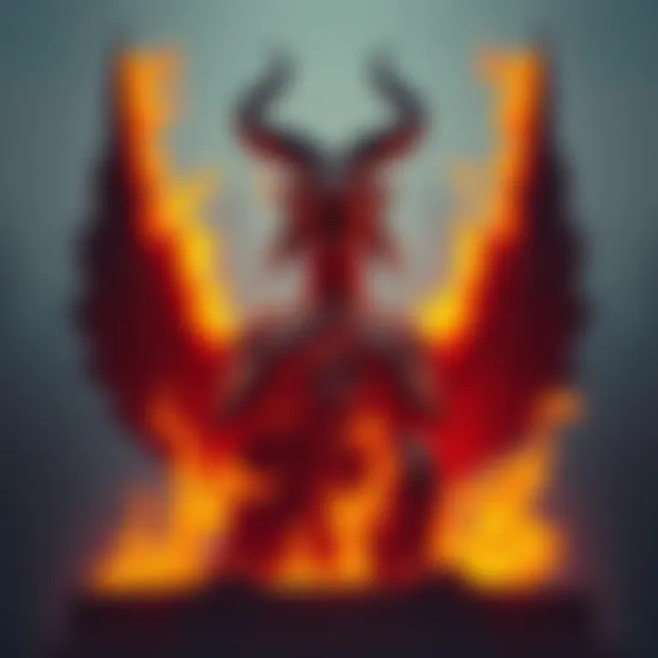 A large statue of Moloch, an ancient deity, with flames surrounding it, symbolizing sacrifice and conflict between divine beings.