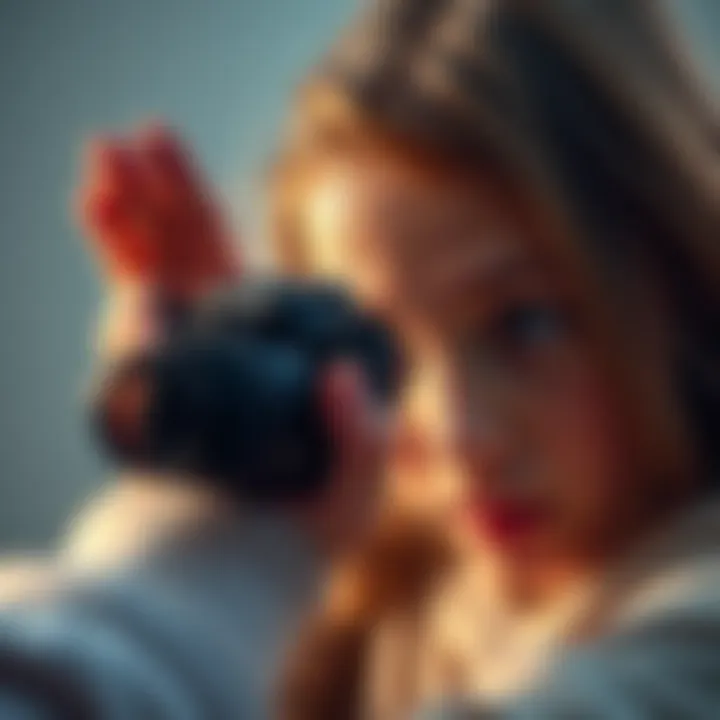 A mother reaching out with a camera, trying to touch her child's eye with it