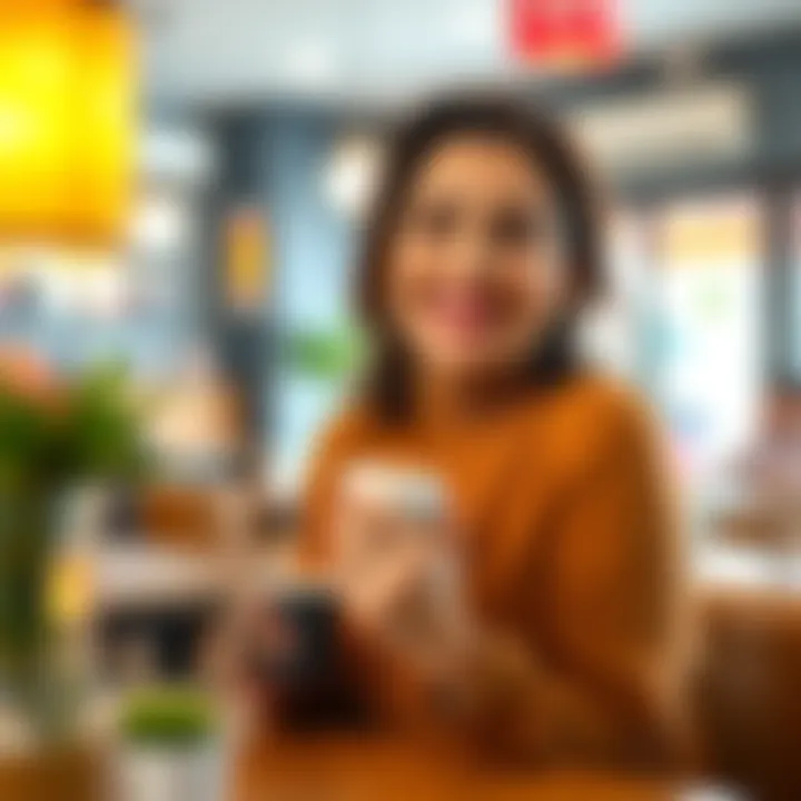 A woman sitting at a cafe, smiling thoughtfully while holding a coffee cup, symbolizing her search for romance. Bright decor and soft lighting create a warm atmosphere.