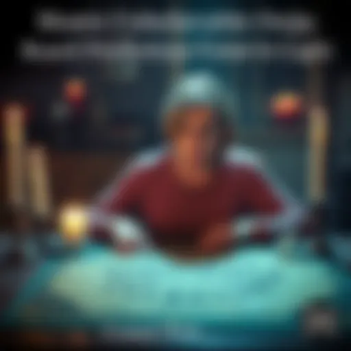 A mother sitting at a table with a Ouija board, looking surprised as the planchette moves, surrounded by dim light and candles, suggesting a spooky atmosphere.