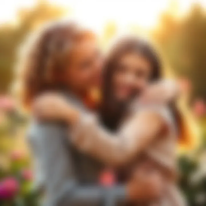 Mom and daughter sharing a moment A Leo mom hugging her Capricorn daughter, both smiling, with a warm background of flowers and sunlight