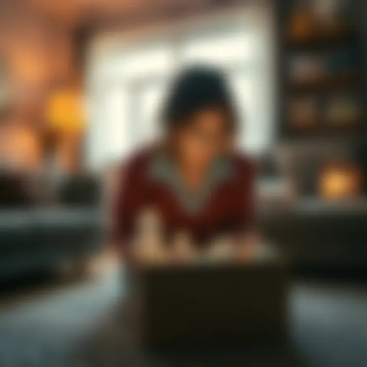 Mom hides altars and crystals A mother carefully places her altars and rock collection into a box, looking contemplative in her living room before family arrives, reflecting on her spiritual practices.
