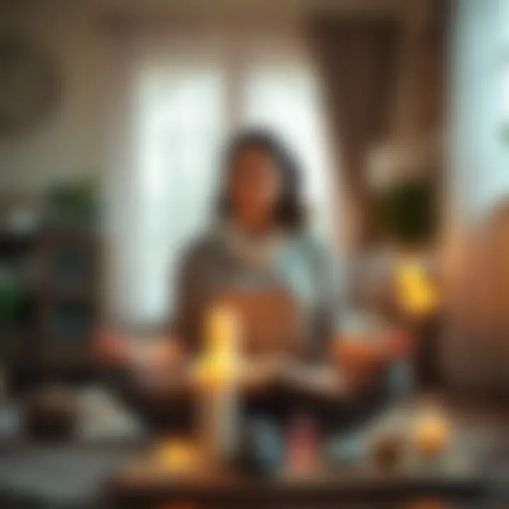 A stay-at-home mom meditating at home, surrounded by candles and crystals, seeking to reconnect with her intuitive gifts.
