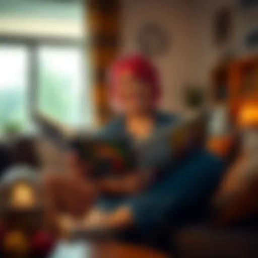 A punk mom sitting in a cozy living room, smiling while reading a book about simulation theory, surrounded by simple decor and family photos.