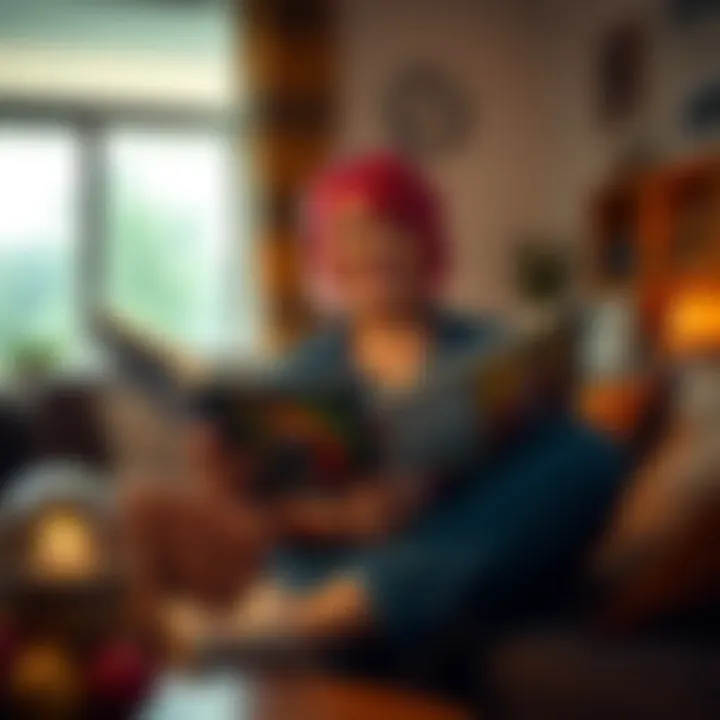 A punk mom sitting in a cozy living room, smiling while reading a book about simulation theory, surrounded by simple decor and family photos.