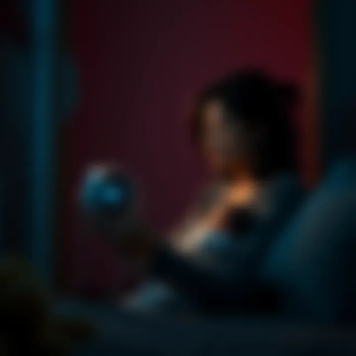 A mother sits in a dimly lit room holding a baby while looking at a baby monitor, her expression shows concern