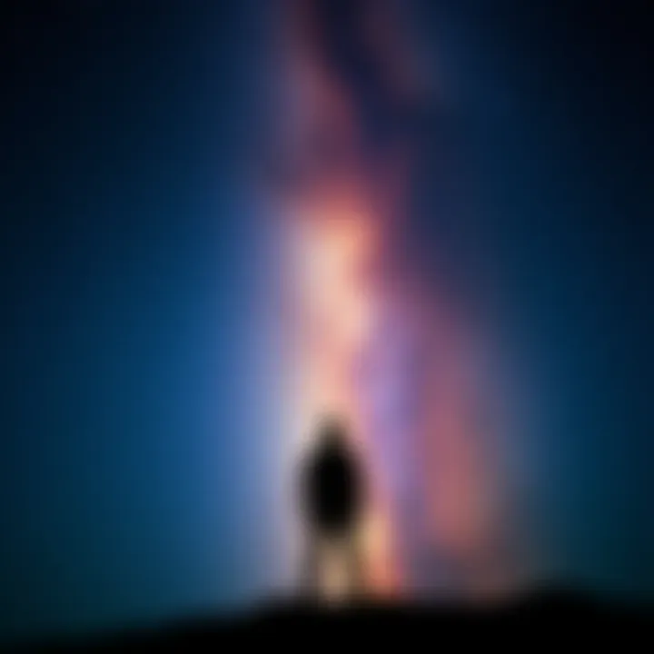 A vast night sky filled with stars, symbolizing the universe and consciousness. A silhouette of a person stands in awe, contemplating their existence amidst the cosmos.