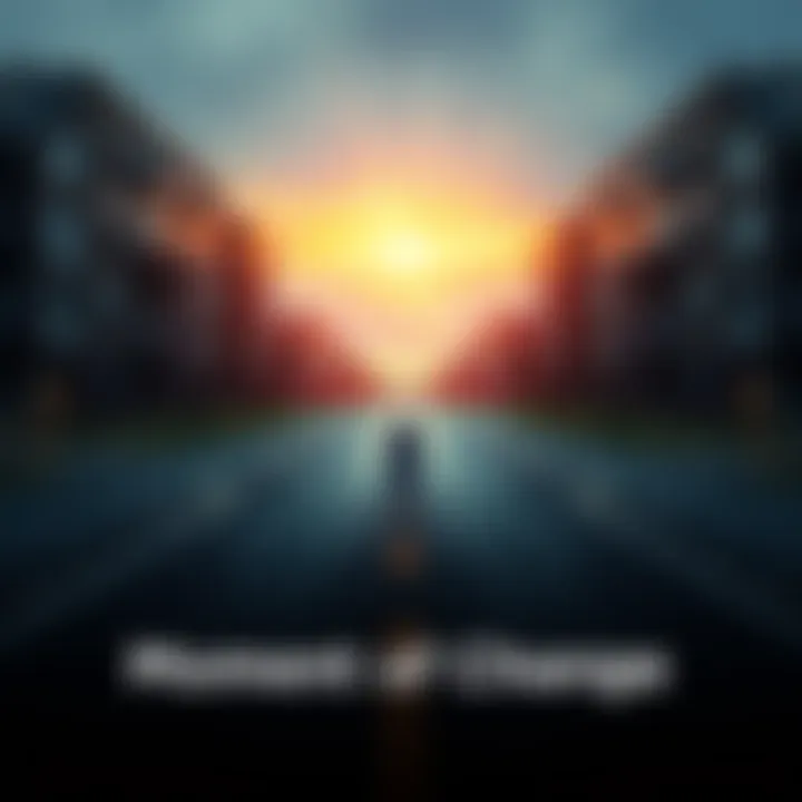 A person standing at a crossroads, contemplating a choice that could change their future, with a blurred background representing past decisions.