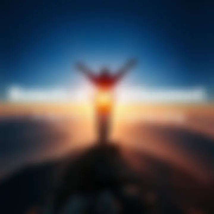 A person standing on a mountain peak with arms raised, embracing the sunrise, symbolizing realization and enlightenment