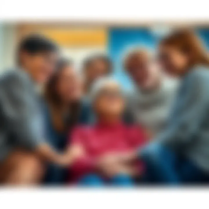 Moms support friend with brain cancer A group of supportive friends surrounding a woman dealing with brain cancer, showing empathy and love.