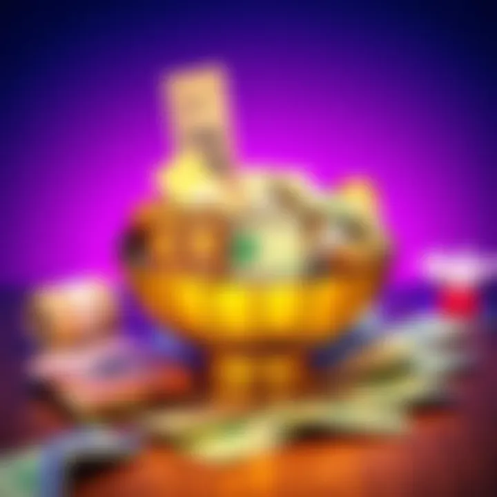 Money bowl concept A decorative bowl filled with various denominations of money, surrounded by notes and tips for starting a money bowl, inviting community engagement.