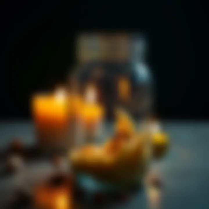 A money jar spell setup with a candle, showing a burned wick and melted wax, symbolizing a recent mishap during the ritual.