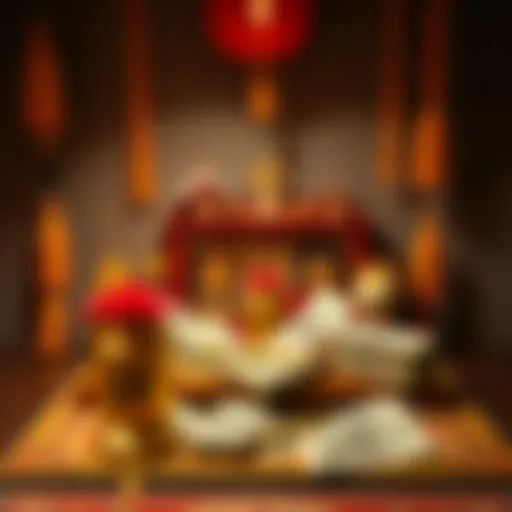 A small altar with offerings of money and decorative items, symbolizing a prayer for financial abundance and good fortune.
