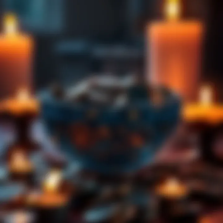 A money bowl filled with coins and lit candles, representing financial magic and spells.