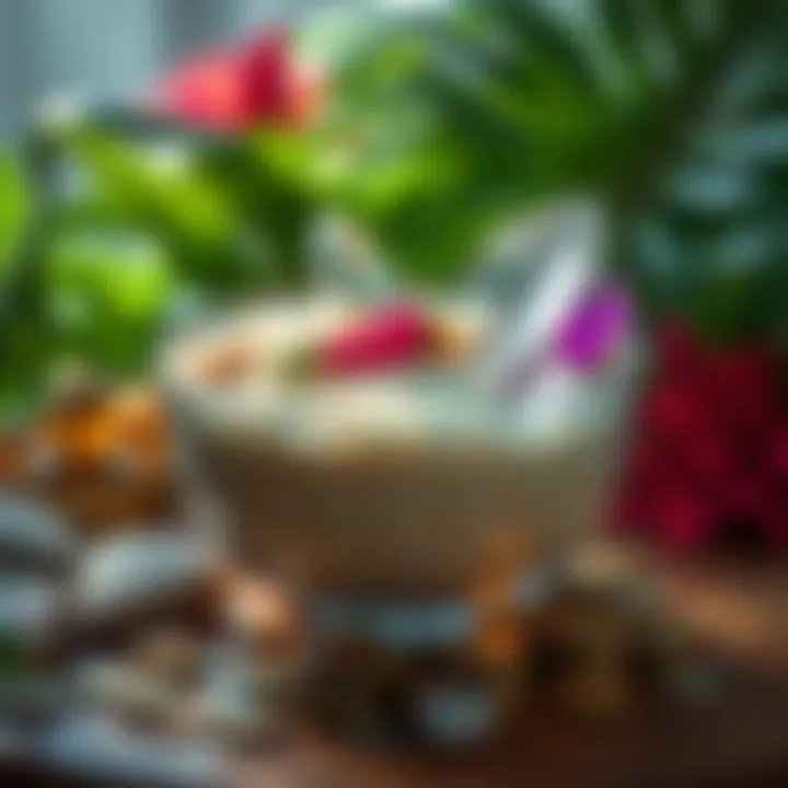 A beautifully crafted money bowl filled with rice, colorful spices, and glittering crystals, surrounded by tropical foliage and coins, symbolizing prosperity and intention.