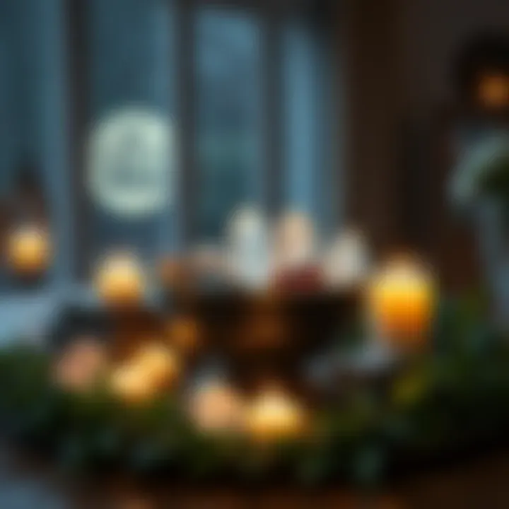 A money bowl with crystals and candles placed on a table, surrounded by greenery, ready for a full moon ritual