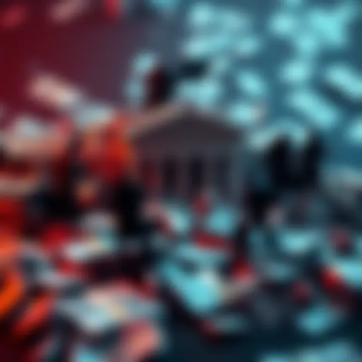A pile of money with shadowy figures representing conspiracy theories about the Federal Reserve