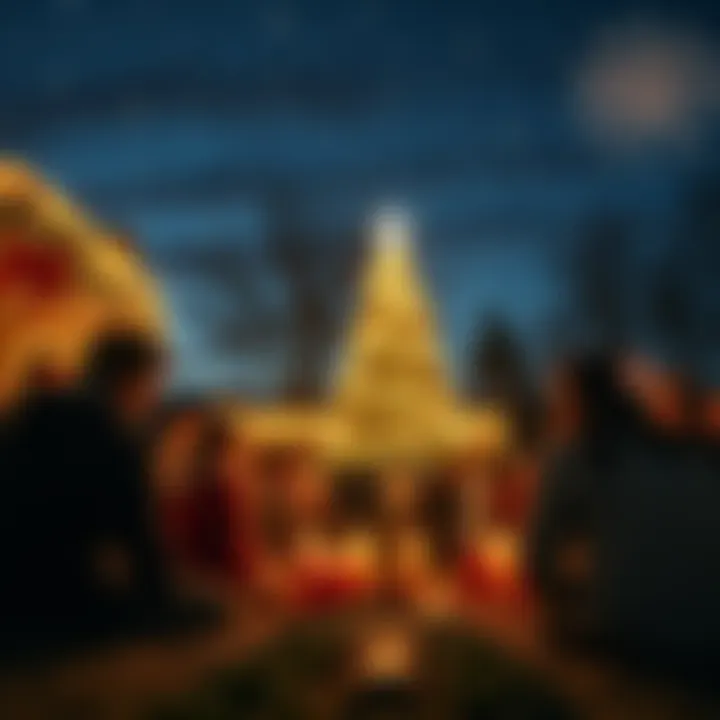 A group of people practicing the Money Frequency Ritual outdoors, surrounded by festive decorations and a beautiful night sky, focused on their financial intentions for the new year.