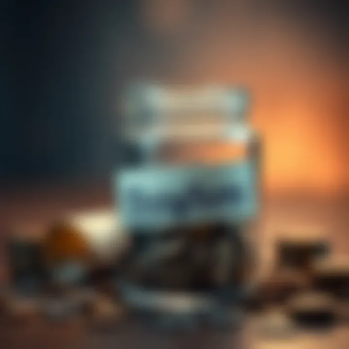 A glass jar filled with coins and a rolled piece of paper with a business name placed inside it.