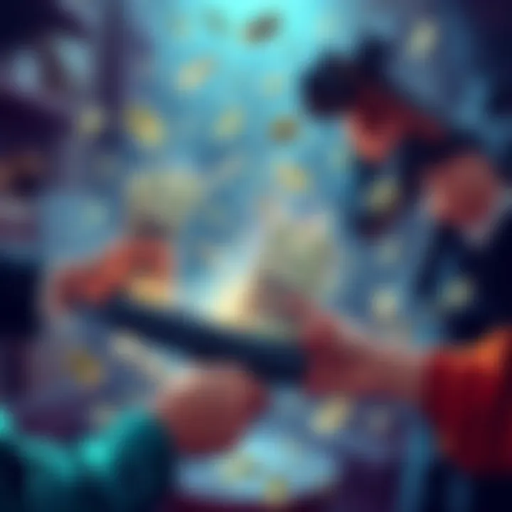 Illustration showing money being exchanged for weapons, symbolizing illegal activities in the Epstein case