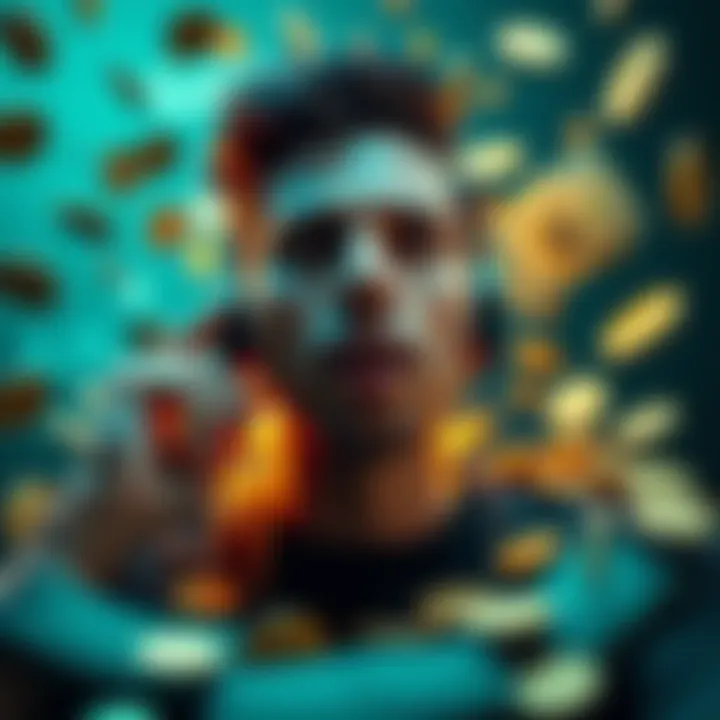 Money Subliminals Person listening to money subliminal audio with a positive mindset, surrounded by symbols of wealth like cash and coins