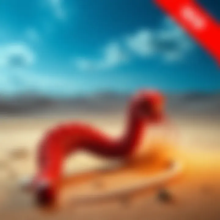 An illustration of the Mongolian Death Worm, a long, red creature emerging from the sandy ground, surrounded by desert scenery.