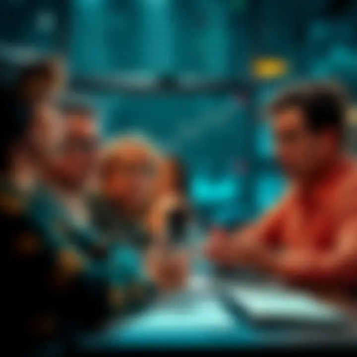 Fans discussing Monica and Mike's salaries on a forum with frustrated expressions and financial charts in the background