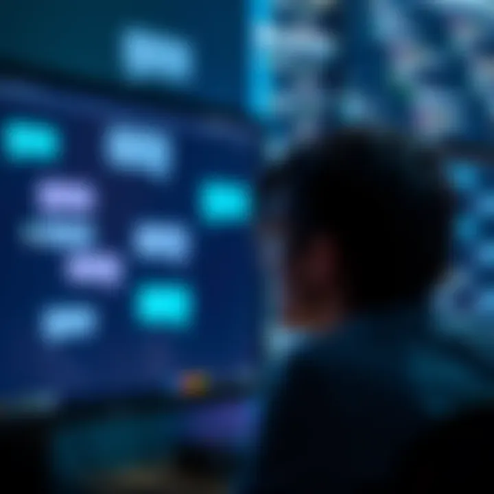 A person looking at a computer screen with text bubbles, representing monitored conversations.