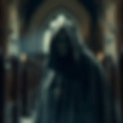A ghostly figure believed to be a monk in a church, with a bald head, pointy nose, and large hood, captured in a photo.