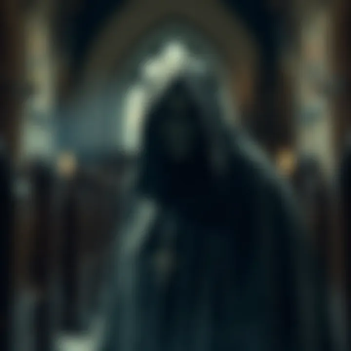 A ghostly figure believed to be a monk in a church, with a bald head, pointy nose, and large hood, captured in a photo.
