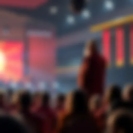 A monk stands on a stage, sharing insights with an attentive audience seated in front of him.