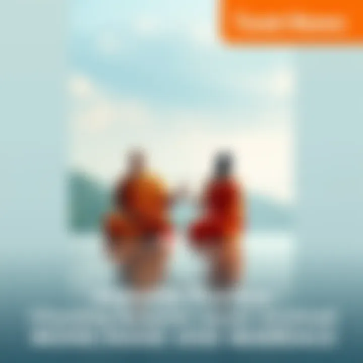 A monk in orange robes sits peacefully while a couple holds hands, meditating together in a serene environment.