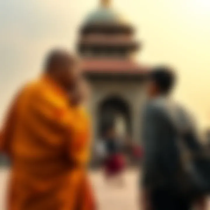 A monk in traditional robes confronts a disappointed tourist at the Deekshabhoomi Buddhist Stupa, capturing a moment of tension over cultural beliefs.