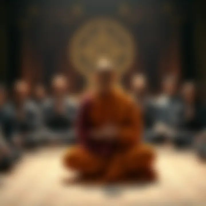 A monk leading a group in meditation, promoting mindfulness and spiritual connection.