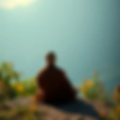 A monk sitting peacefully in meditation, surrounded by nature, reflecting on his spiritual journey after non-duality.