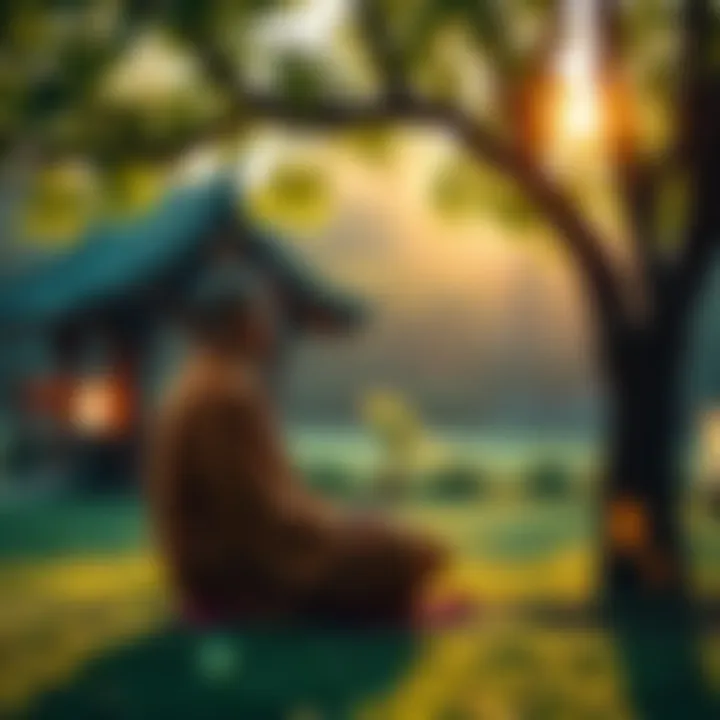 A monk in simple robes sitting in a peaceful garden, meditating under a tree.