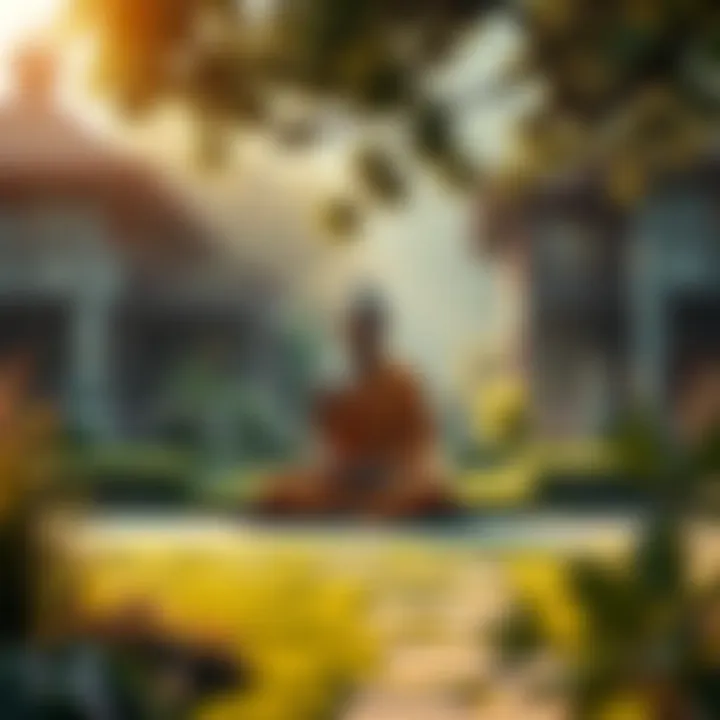 A monk meditating in a serene garden A serene garden with a monk sitting in meditation, surrounded by nature and peaceful ambiance