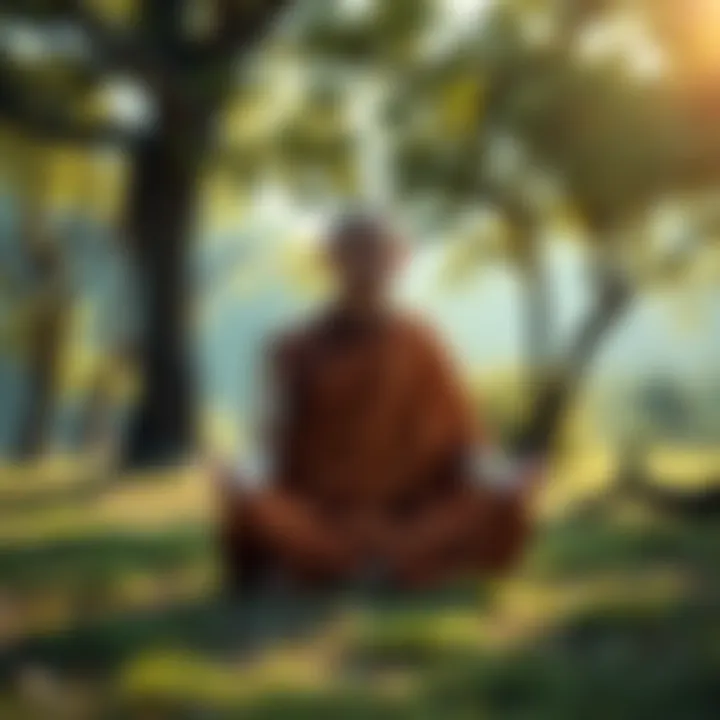 A monk sitting cross-legged in a serene outdoor setting, reflecting peacefully amid trees and sunlight.