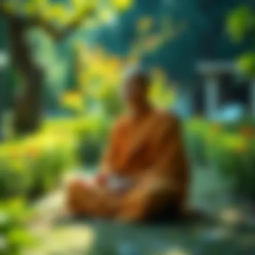 A monk sitting cross-legged in a peaceful garden, surrounded by greenery, reflecting on life.
